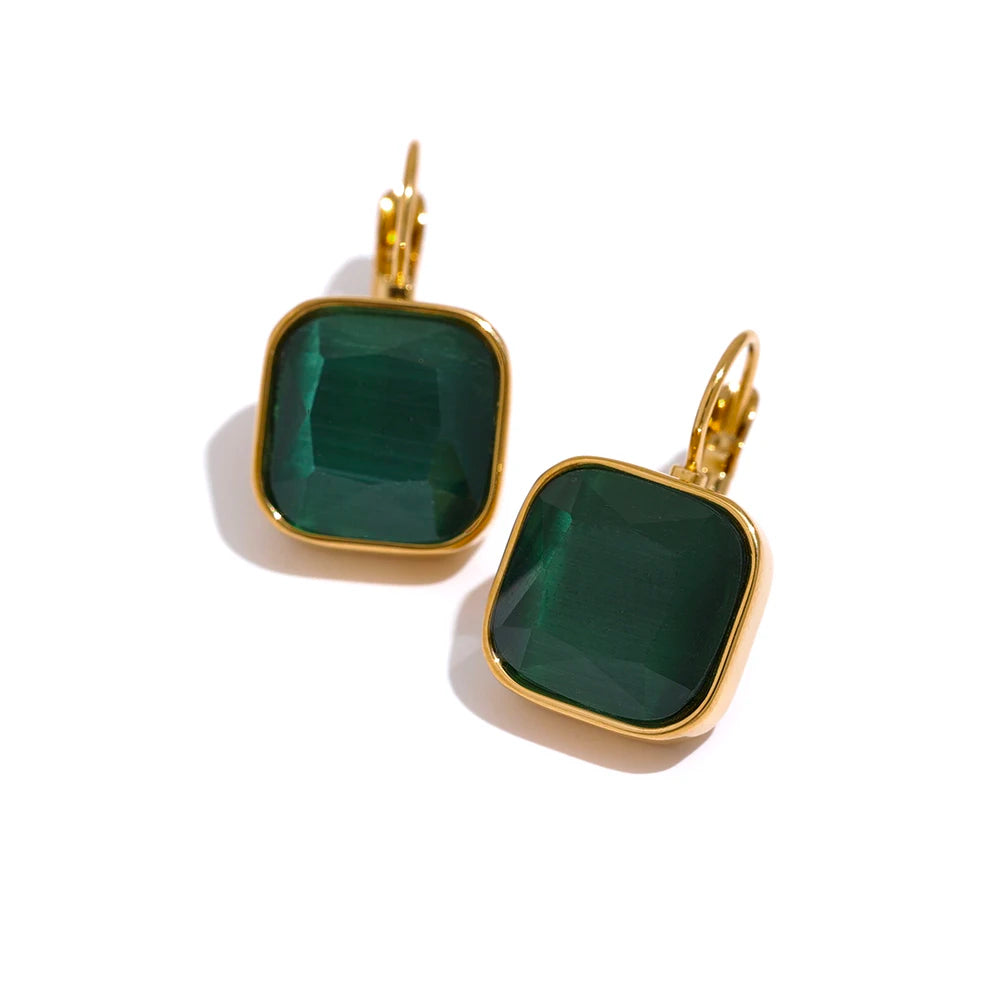 PVD Gold-Plated Stainless Steel Square Stone Hook Earrings