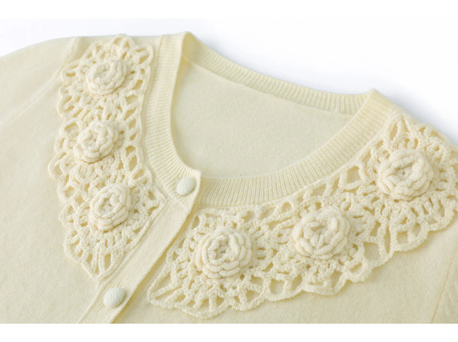 Crochet Floral Collar Cardigan | Button-Down Knit | 6 Colors, Sizes S–XXL