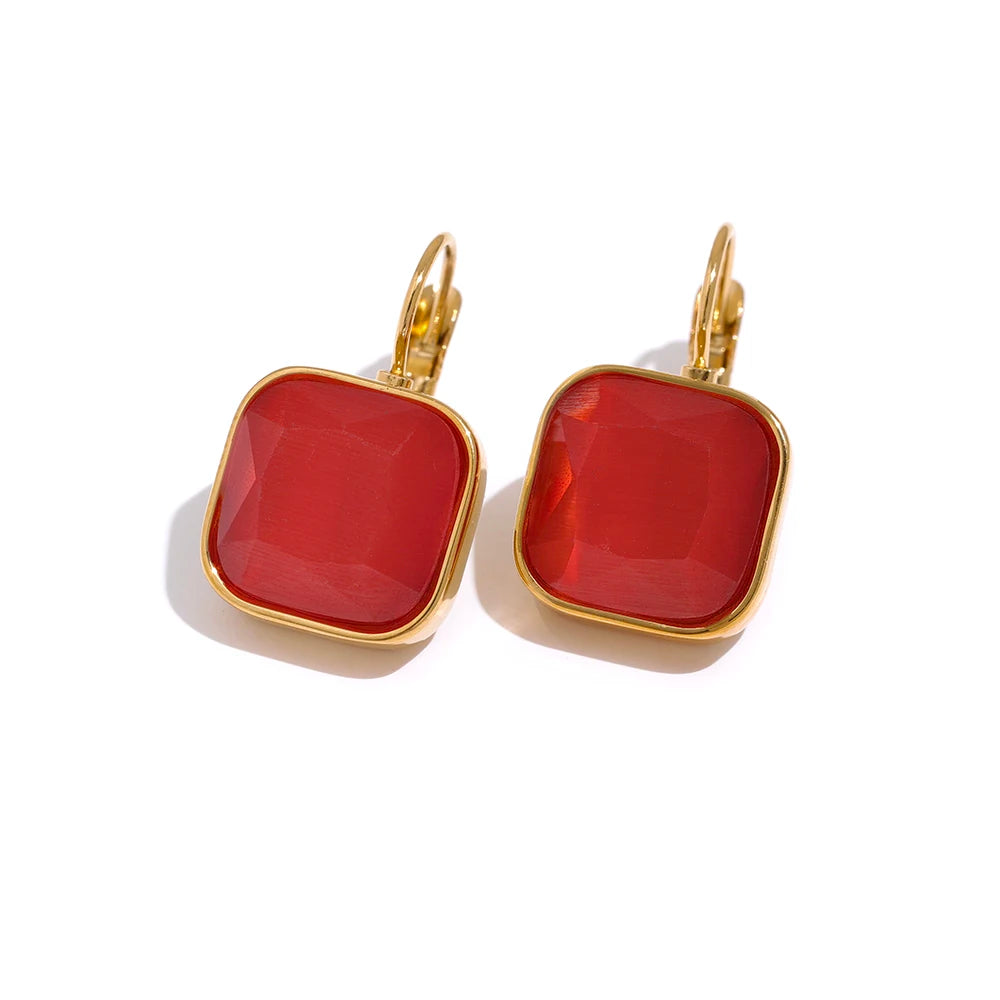 PVD Gold-Plated Stainless Steel Square Stone Hook Earrings