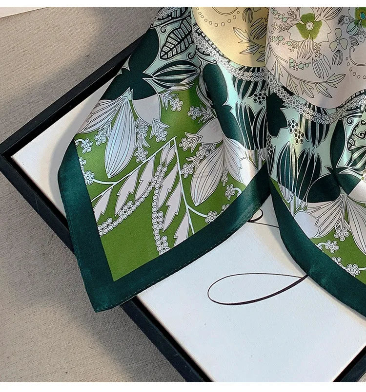 Green Botanical Print Silk Square Scarf | 68x68cm