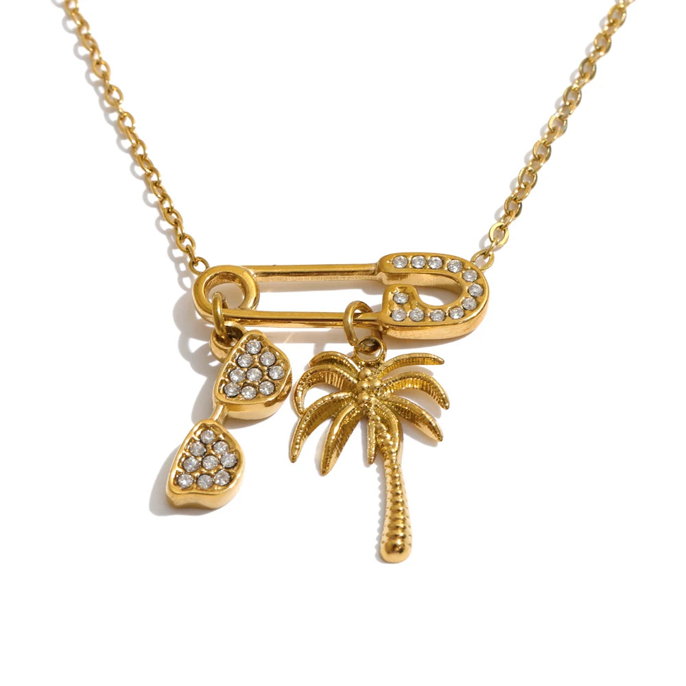 Stainless Steel Palm Tree & Sunglasses Charm Necklace