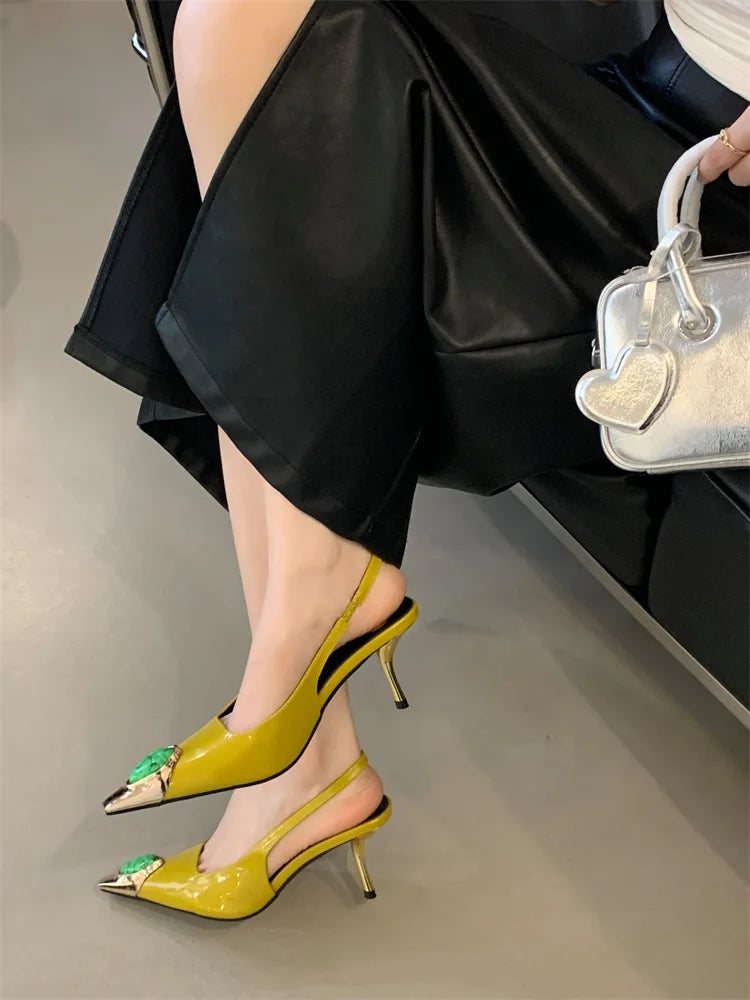 Diamond Inlay Pointed Toe Slingback Heels