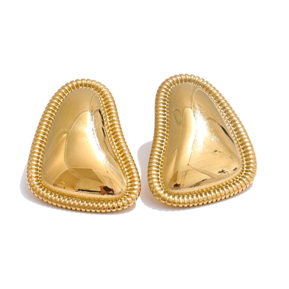 Rounded Triangle Stud Earrings - Stainless Steel Waterproof Non-Tarnish Geometric Ribbed Border Dome Post Earrings for Women (Platinum & Gold) | The PM Edit