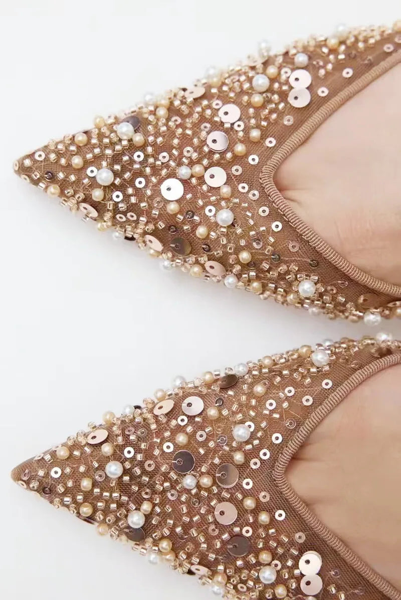 Beaded Mesh Slingback Pumps | Pointed-Toe High Heels