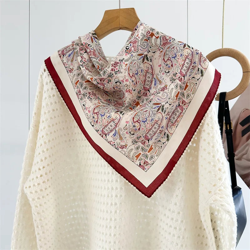 Mulberry Silk Square Scarf | Burgundy Border, Paisley Print | 65x65cm
