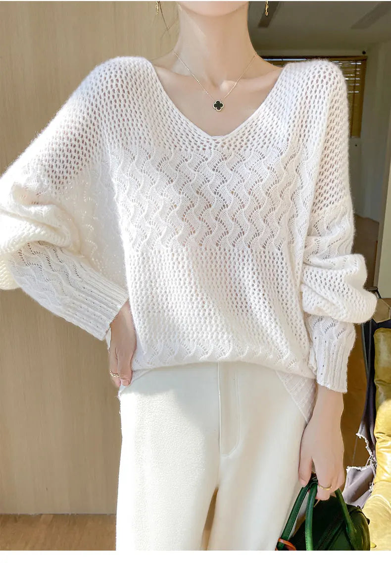 Wool V-Neck Pullover Sweater | Hollow Jacquard Knit | 8 Colors, Sizes M–XL