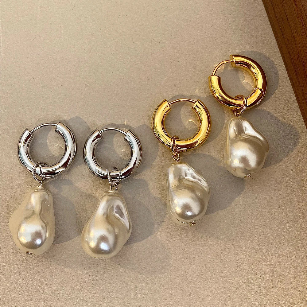Baroque Pearl Huggie Drop Earrings