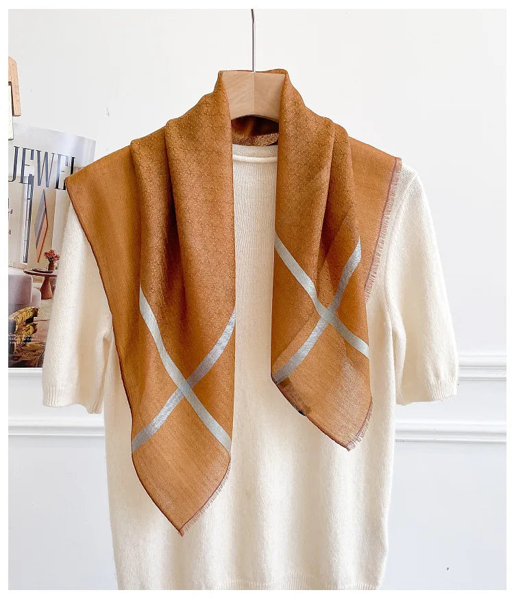 Cashmere Square Scarf | Geometric Grid Pattern, Double-Sided | 65x65cm
