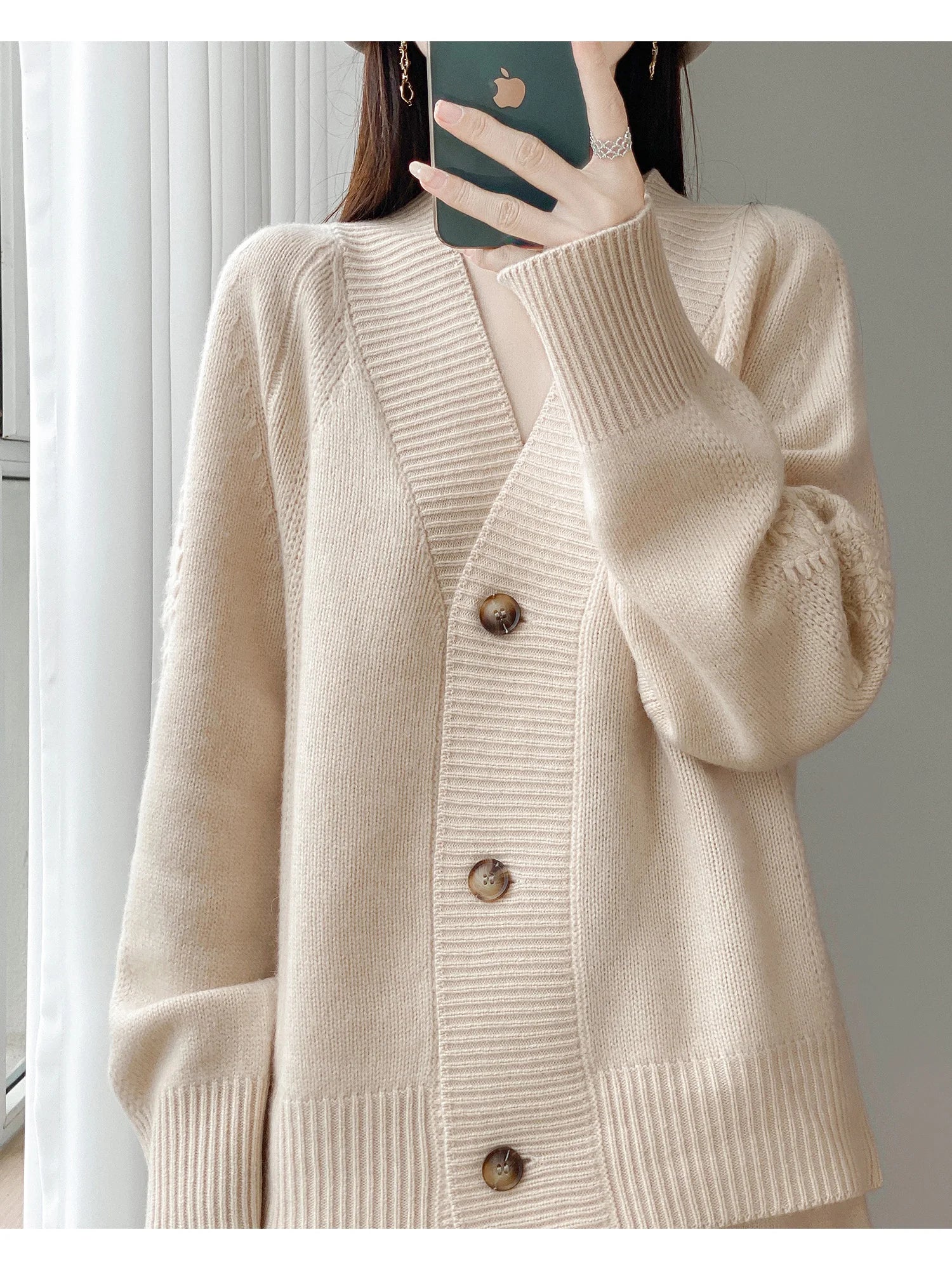 Wool V-Neck Cardigan | Cable Sleeve Detail, Oversized Fit | Women's
