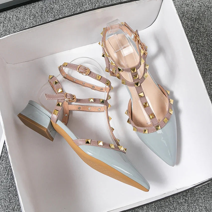 Rivet Strap Pointed-Toe Heeled Sandals | Square Heel
