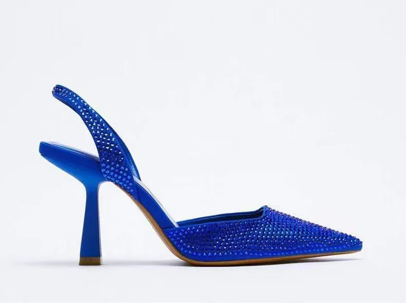 Crystal Rhinestone Slingback Pumps – Pointed Toe High Heels | Black, Gold & Blue