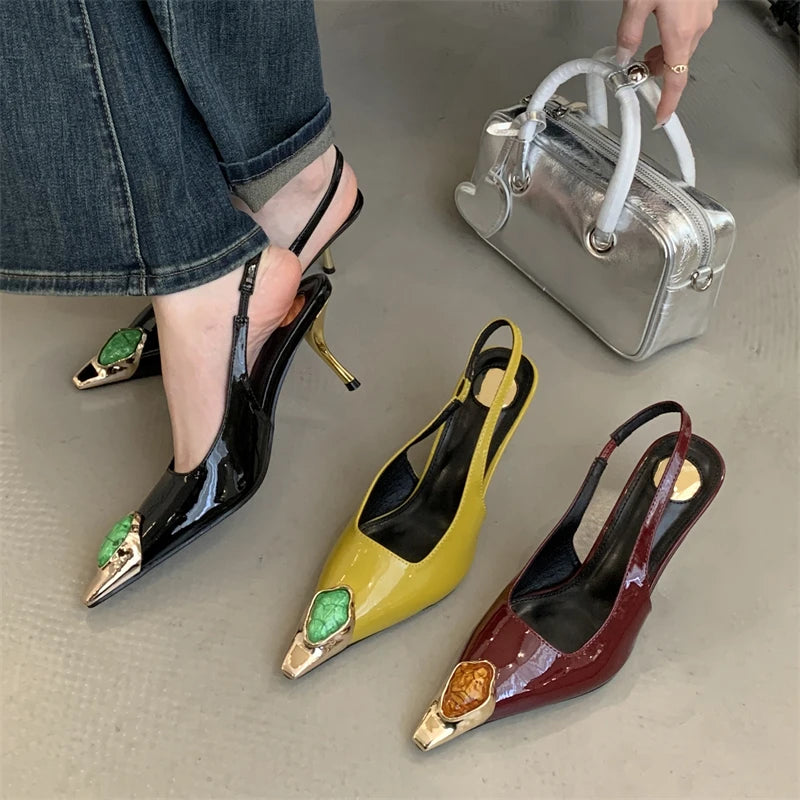 Diamond Inlay Pointed Toe Slingback Heels