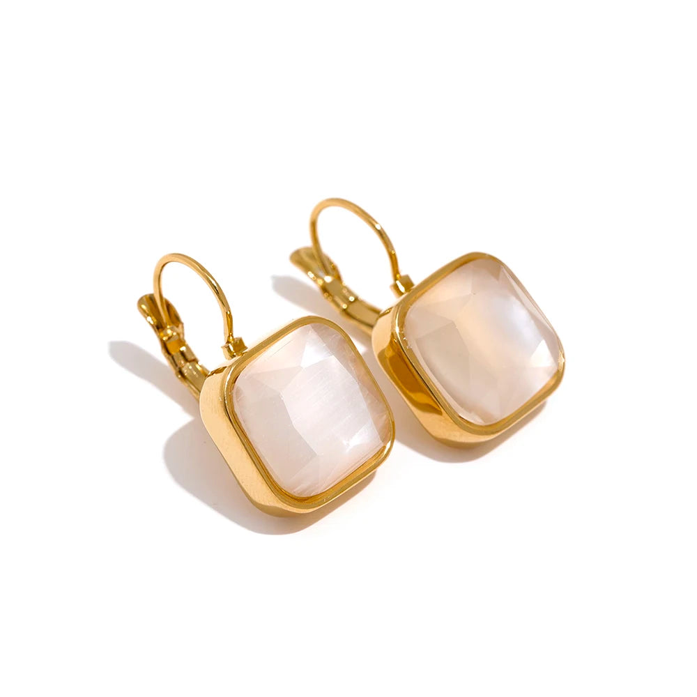 PVD Gold-Plated Stainless Steel Square Stone Hook Earrings