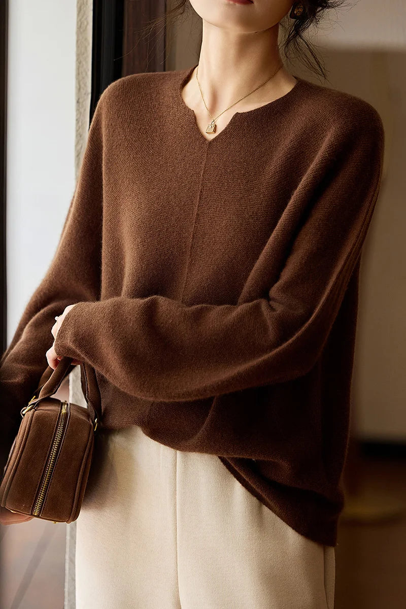 Women's Oversized Pure Wool Pullover Sweater | Notch Neck | Balloon Sleeves | 6 Colors