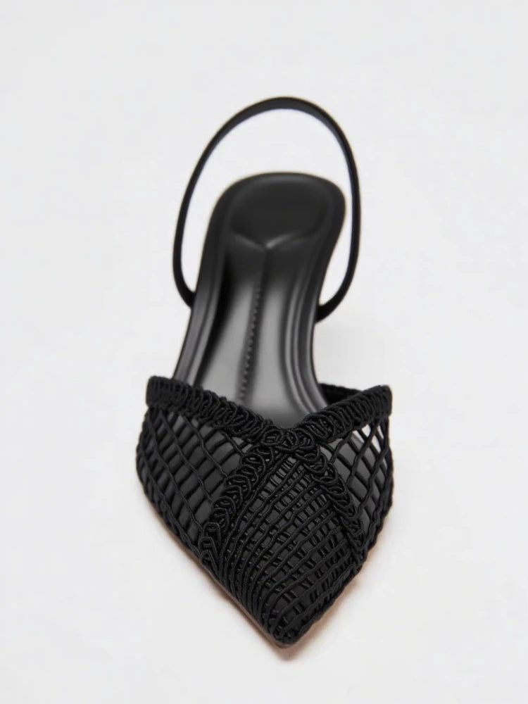Woven Mesh Pointed-Toe Slingback Heels