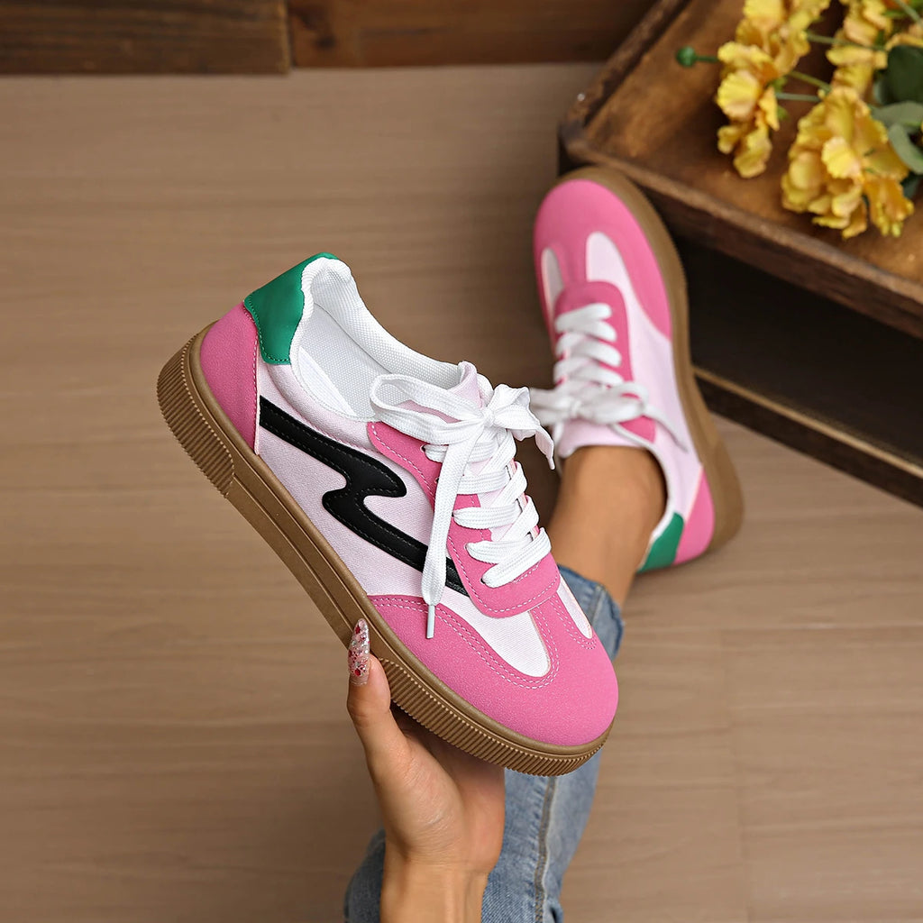 Women's Mixed Color Tennis Sneakers – Lace-Up Flat Trainers in Pink & Green