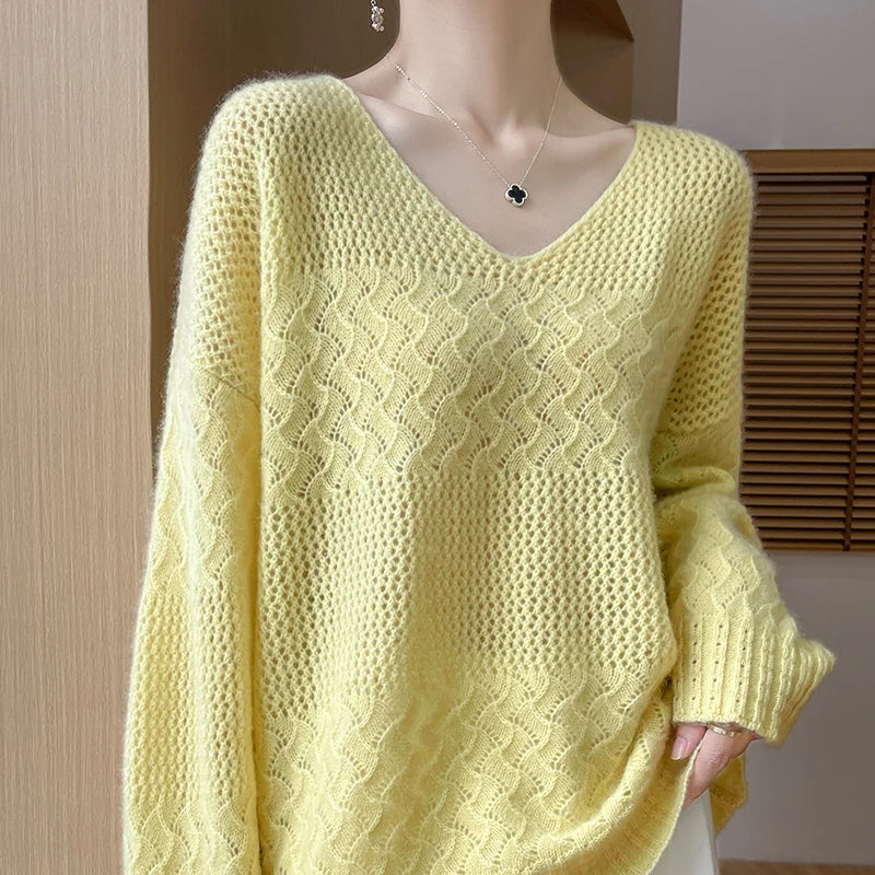 Wool V-Neck Pullover Sweater | Hollow Jacquard Knit | 8 Colors, Sizes M–XL