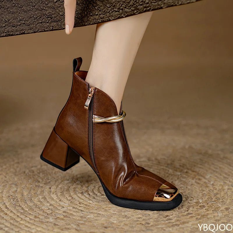 Gold Metal Toe Cap Ankle Boots – Pearl Chain Detail | Black & Brown - The PM Edit