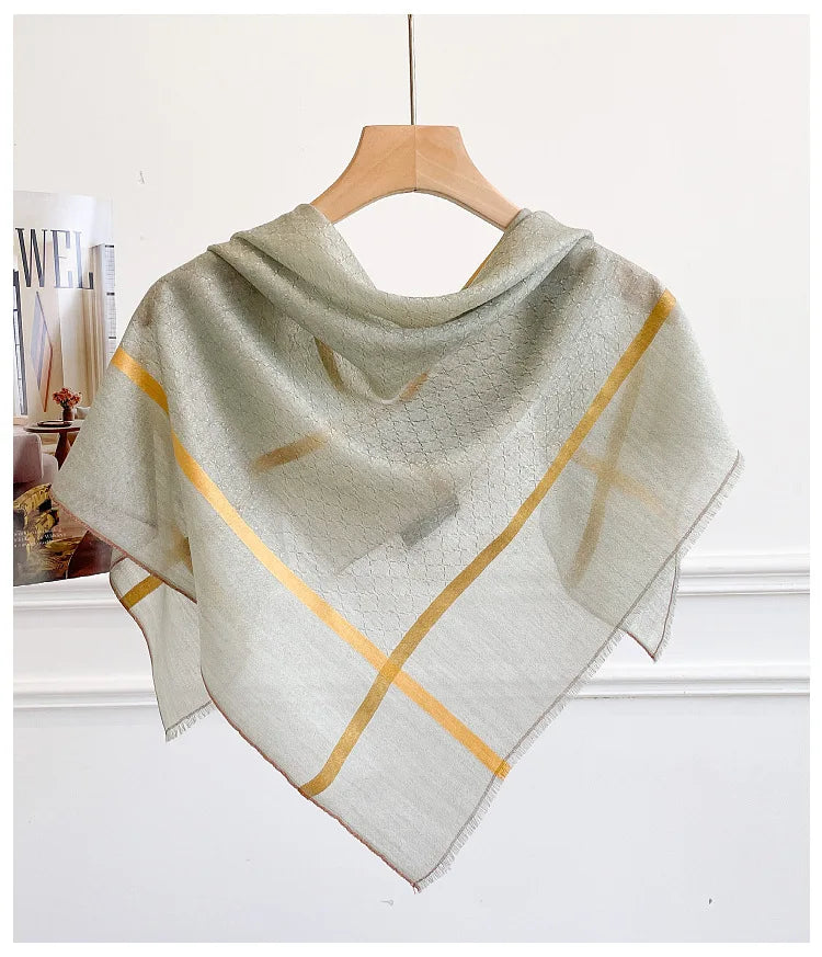 Cashmere Square Scarf | Geometric Grid Pattern, Double-Sided | 65x65cm