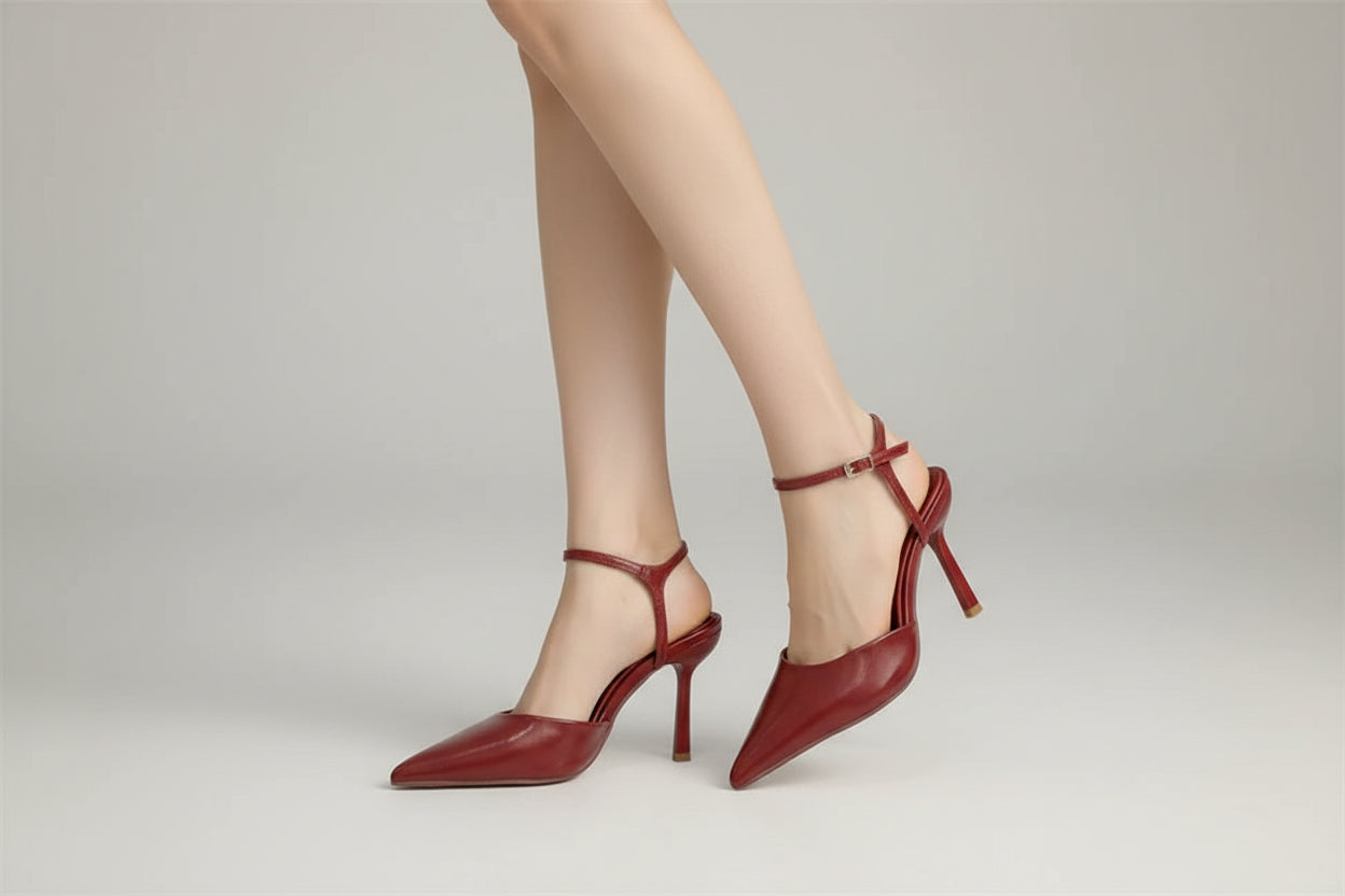 Patent Leather Pointed-Toe Slingback Pumps | Buckle Ankle Strap Stiletto Heels