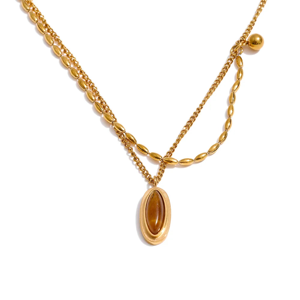 Layered Double Chain Necklace with Tiger's Eye Pendant | Gold & Silver