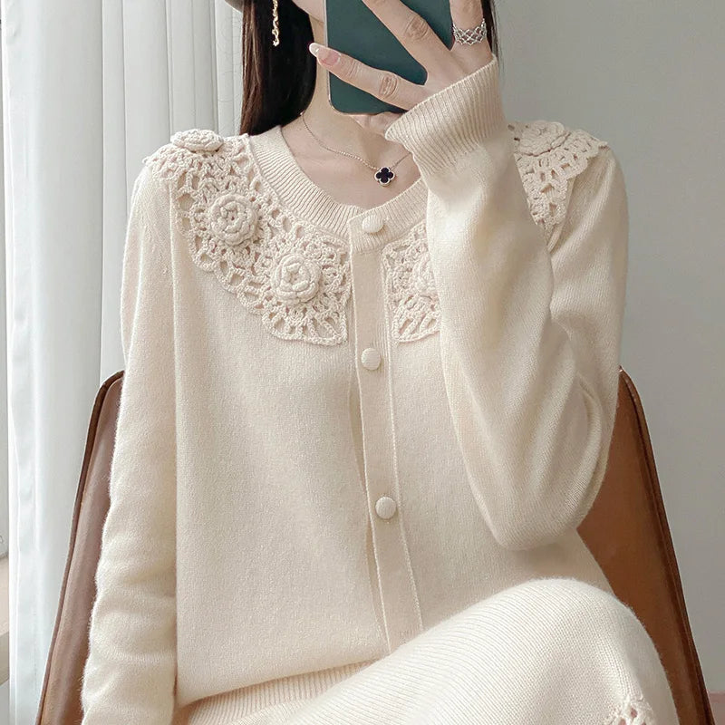 Crochet Floral Collar Cardigan | Button-Down Knit | 6 Colors, Sizes S–XXL