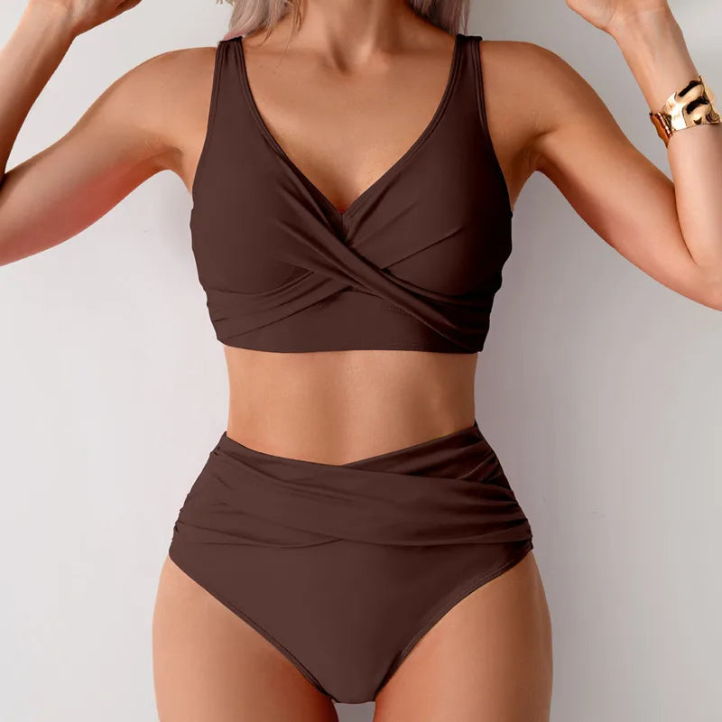 Crossover V-Neck Bikini Set | Ruched High Waist Bottoms