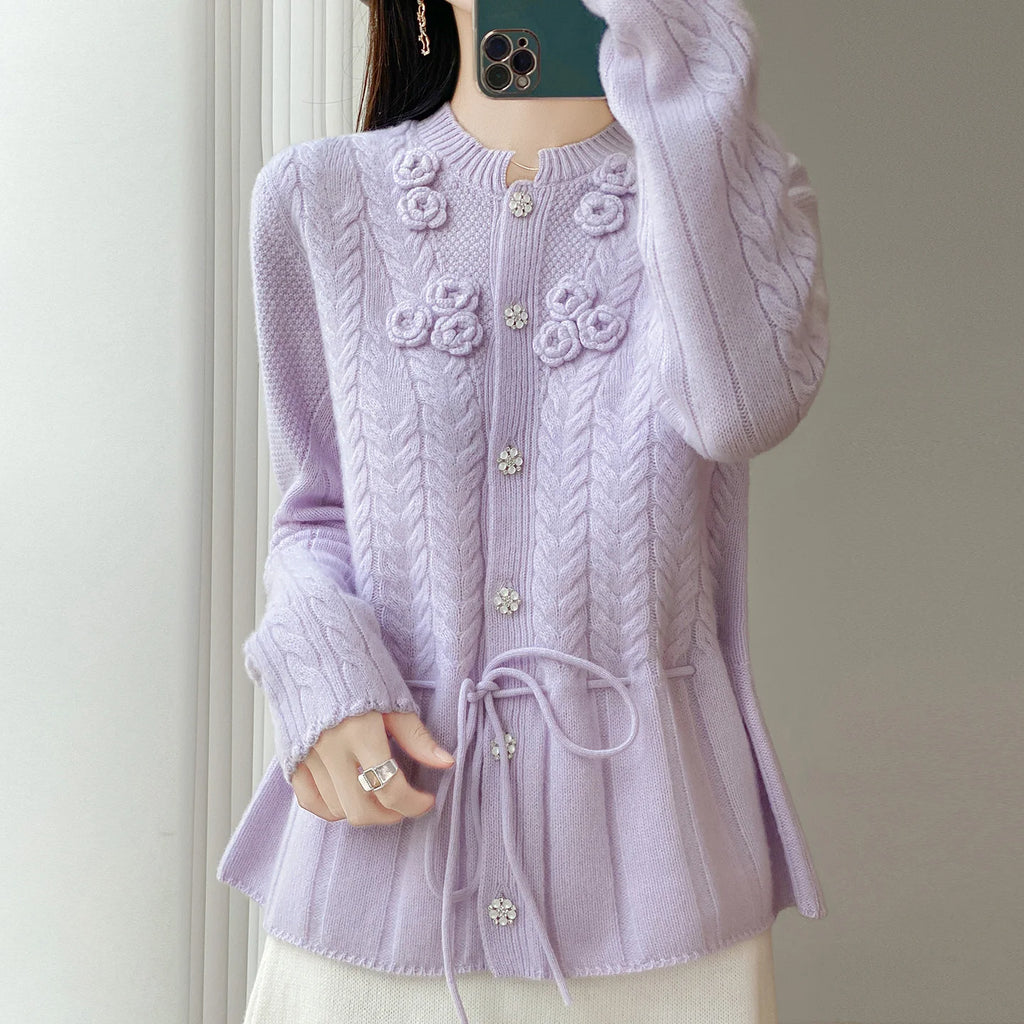 Floral Appliqué Cable-Knit Cardigan | Rhinestone Buttons, Drawstring Waist | 5 Colors, Sizes M–XXL