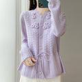 Floral Appliqué Cable-Knit Cardigan | Rhinestone Buttons, Drawstring Waist | 5 Colors, Sizes M–XXL