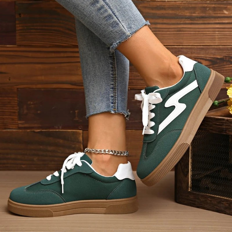 Women's Mixed Color Tennis Sneakers – Lace-Up Flat Trainers in Pink & Green
