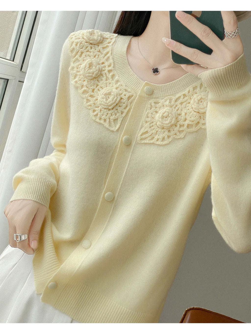 Crochet Floral Collar Cardigan | Button-Down Knit | 6 Colors, Sizes S–XXL