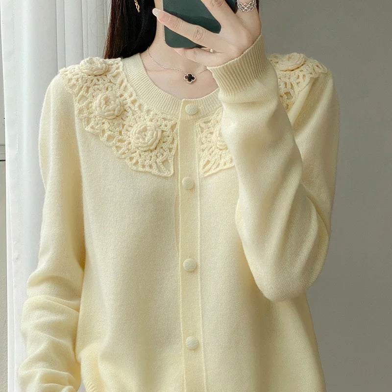 Crochet Floral Collar Cardigan | Button-Down Knit | 6 Colors, Sizes S–XXL