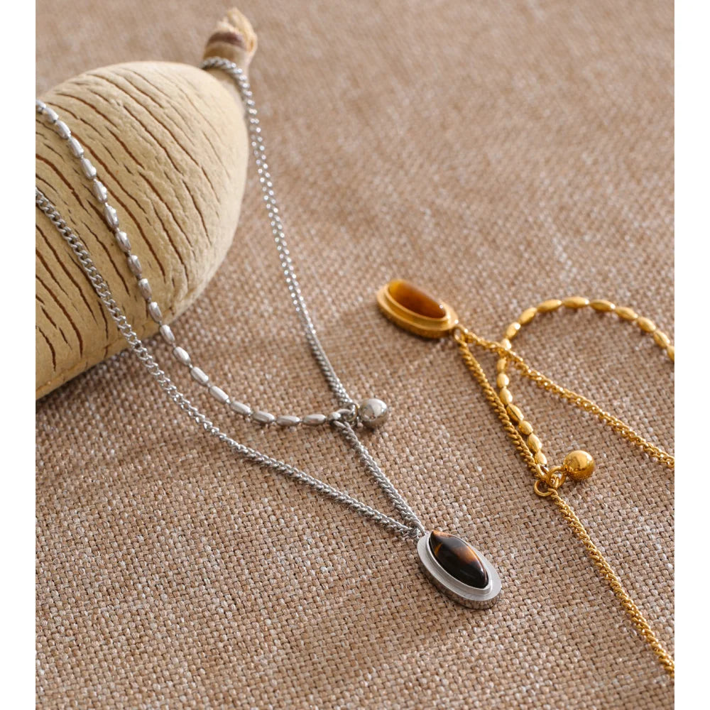 Layered Double Chain Necklace with Tiger's Eye Pendant | Gold & Silver
