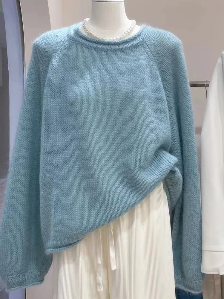 Pure Wool Round Neck Pullover Sweater | Raglan Sleeve, Loose Fit | Women's