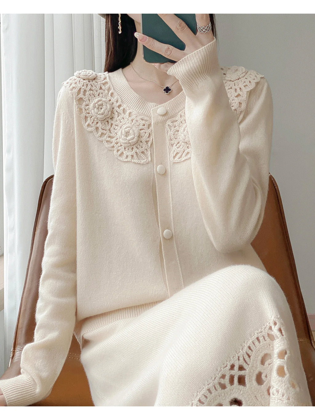 Crochet Floral Collar Cardigan | Button-Down Knit | 6 Colors, Sizes S–XXL