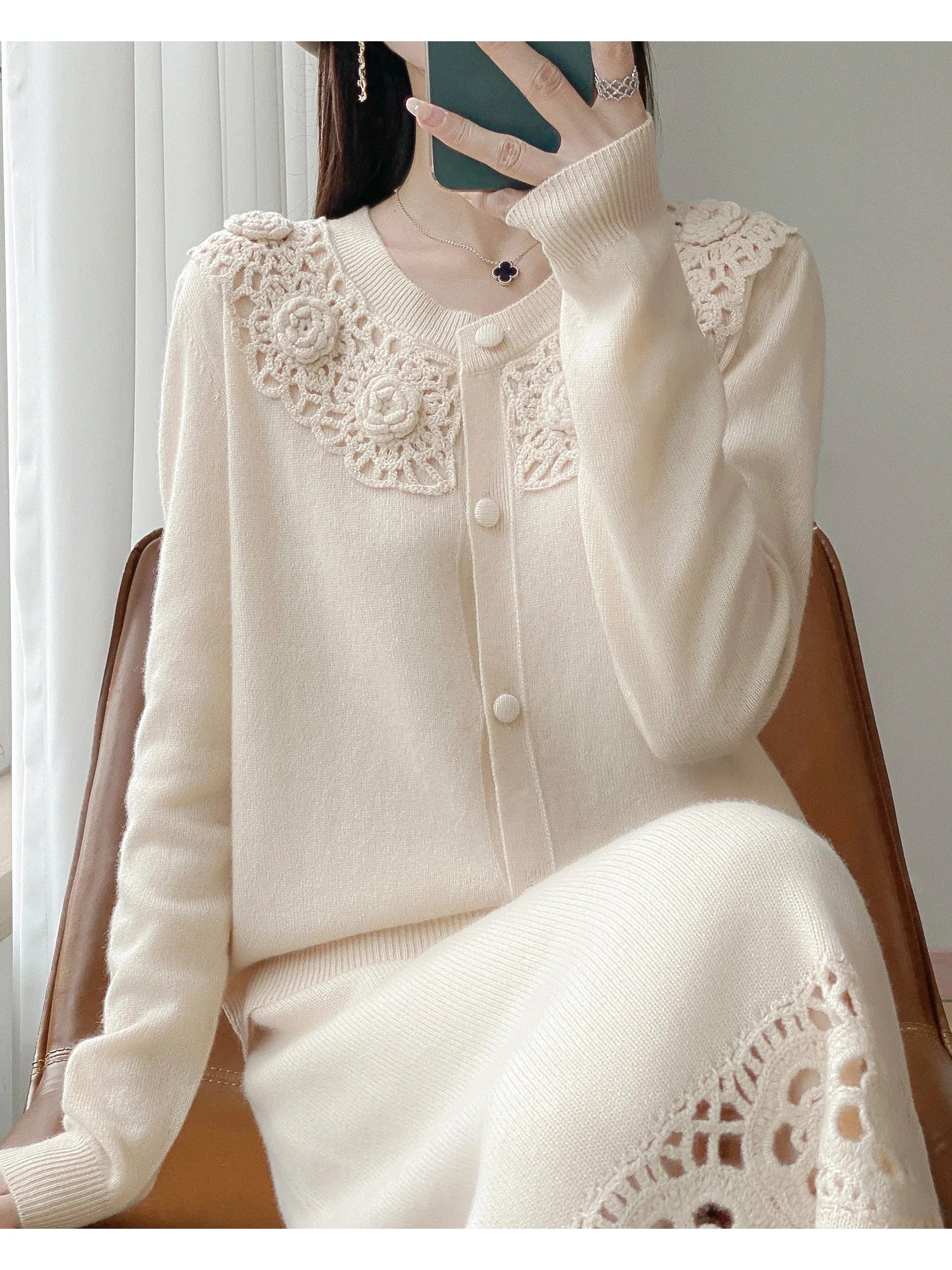 Crochet Floral Collar Cardigan | Button-Down Knit | 6 Colors, Sizes S–XXL
