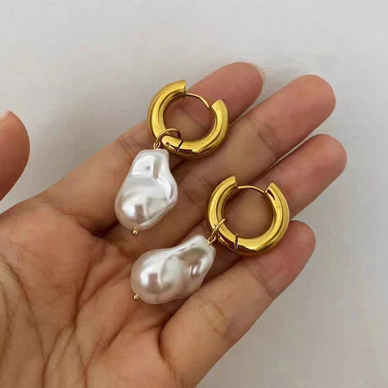 Baroque Pearl Huggie Drop Earrings