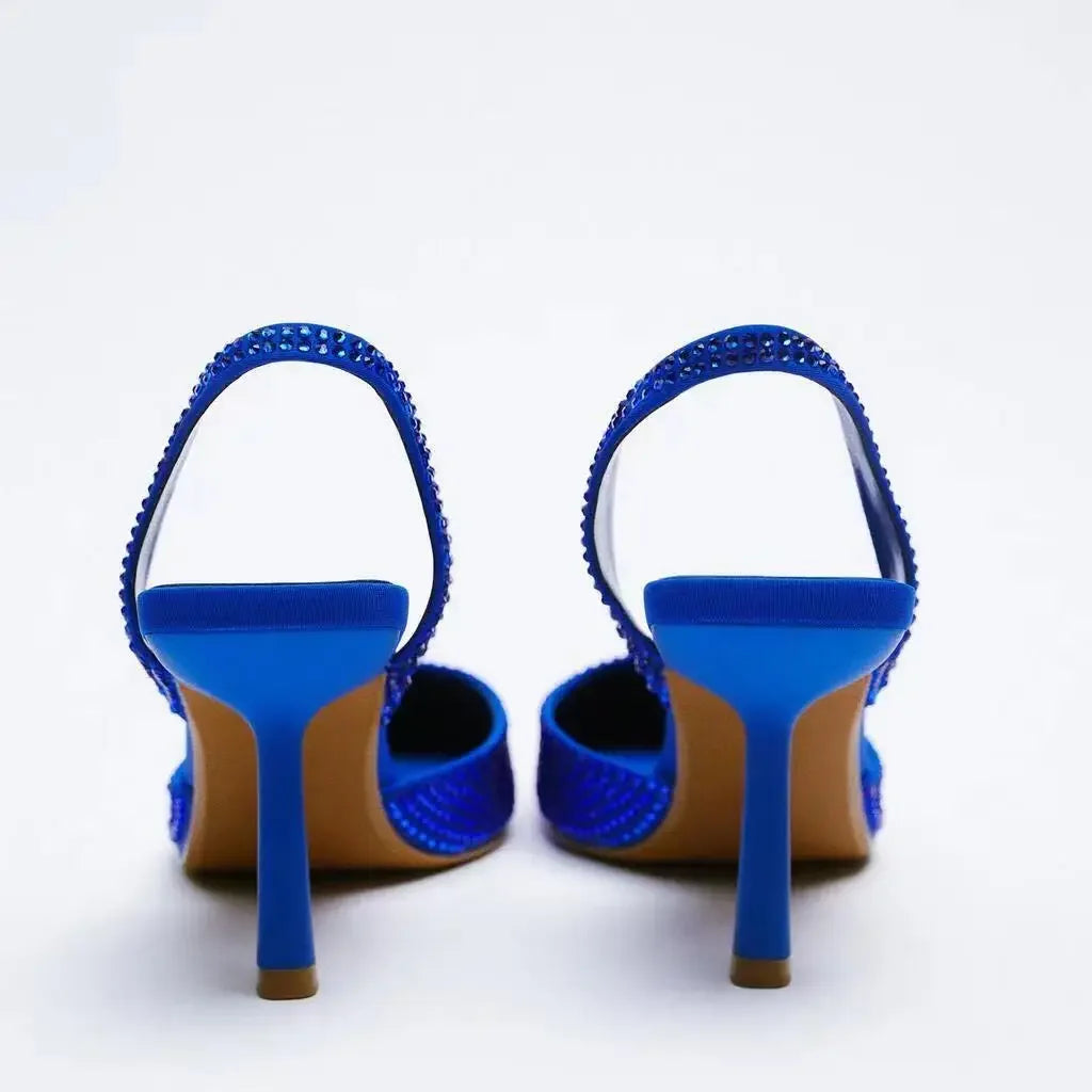 Crystal Rhinestone Slingback Pumps – Pointed Toe High Heels | Black, Gold & Blue