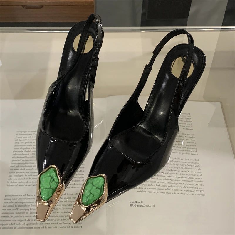 Diamond Inlay Pointed Toe Slingback Heels