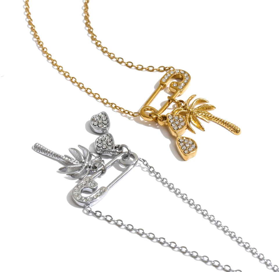Stainless Steel Palm Tree & Sunglasses Charm Necklace
