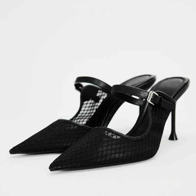 Pointed Toe Mesh Slingback Stiletto Mules — Black