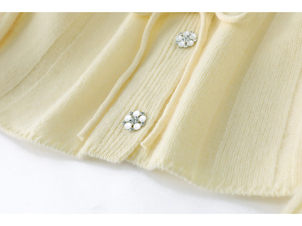 Floral Appliqué Cable-Knit Cardigan | Rhinestone Buttons, Drawstring Waist | 5 Colors, Sizes M–XXL