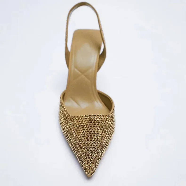 Crystal Rhinestone Slingback Pumps – Pointed Toe High Heels | Black, Gold & Blue