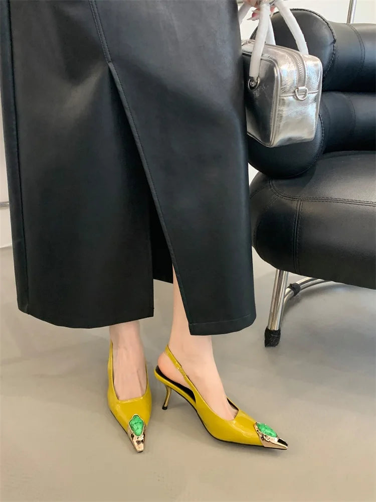 Diamond Inlay Pointed Toe Slingback Heels