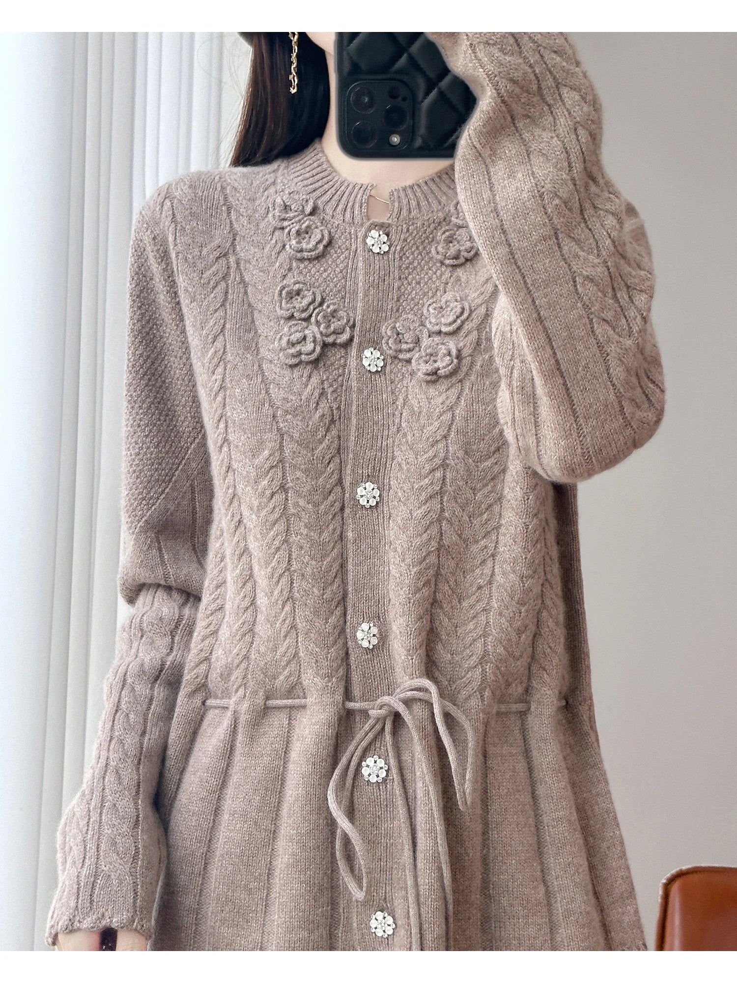 Floral Appliqué Cable-Knit Cardigan | Rhinestone Buttons, Drawstring Waist | 5 Colors, Sizes M–XXL