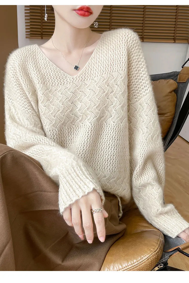 Wool V-Neck Pullover Sweater | Hollow Jacquard Knit | 8 Colors, Sizes M–XL