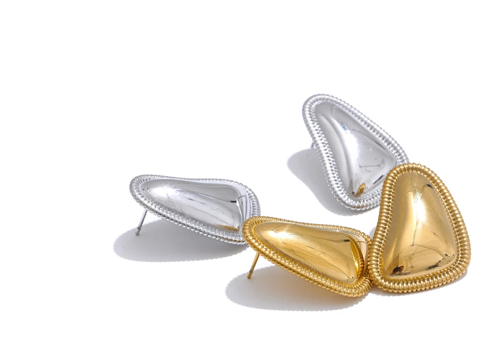 Rounded Triangle Stud Earrings - Stainless Steel Waterproof Non-Tarnish Geometric Ribbed Border Dome Post Earrings for Women (Platinum & Gold) | The PM Edit