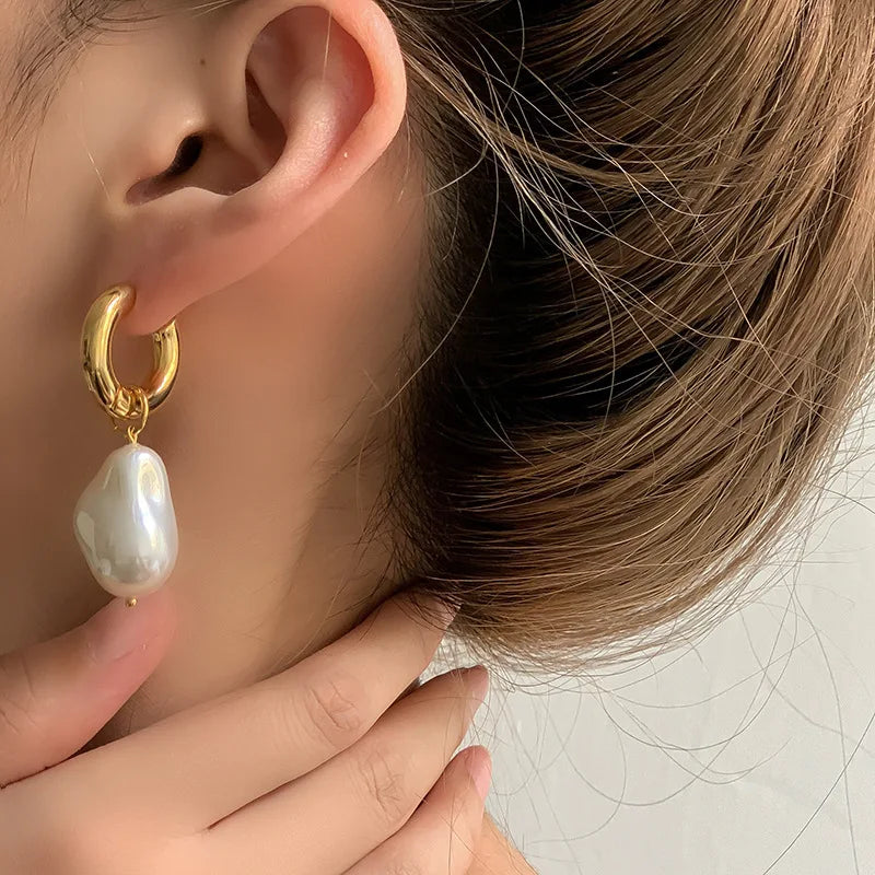 Baroque Pearl Huggie Drop Earrings