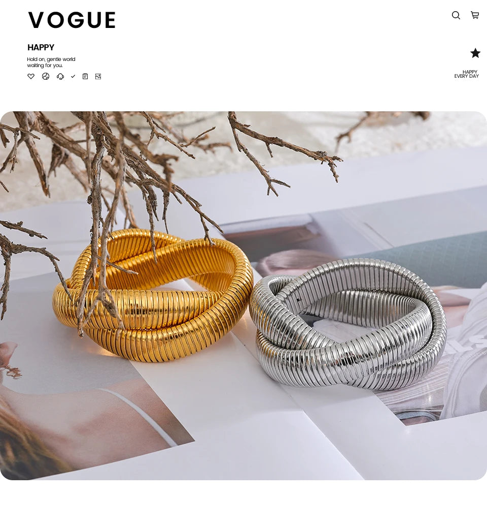 Chunky Ribbed Omega Tube Bangle Bracelet | 18K PVD Gold & Silver Stainless Steel Jewelry
