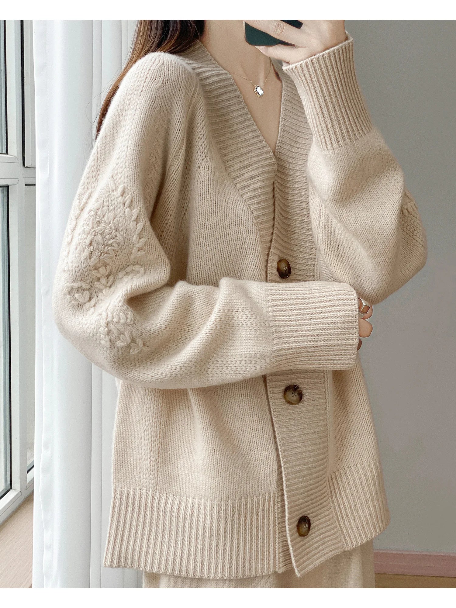 Wool V-Neck Cardigan | Cable Sleeve Detail, Oversized Fit | Women's
